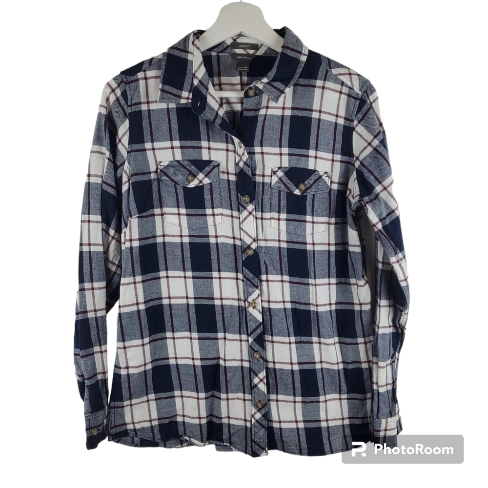 Eddie Bauer Button up Flannel‎ Shirt Medium Blue White Plaid outdoor Gorpcore